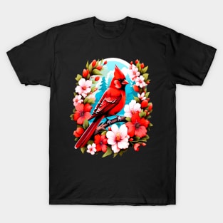 Cute Northern Cardinal Surrounded by Vibrant Spring Flowers T-Shirt